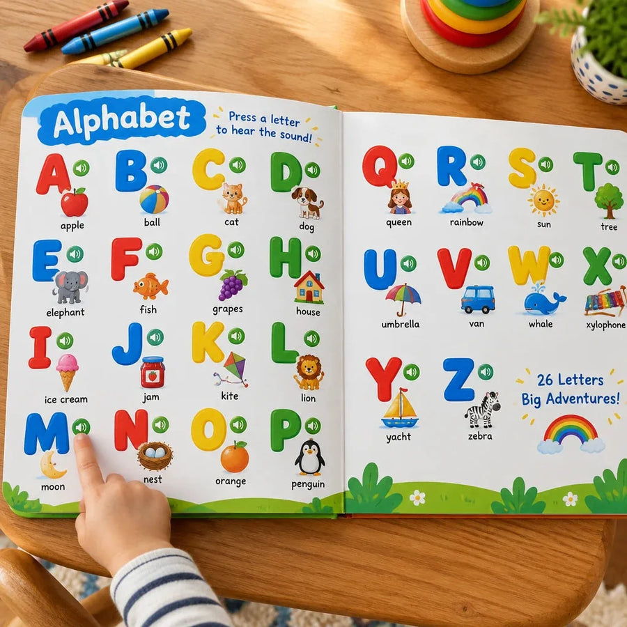 A child exploring letters and illustrated words on the book's Alphabet pages