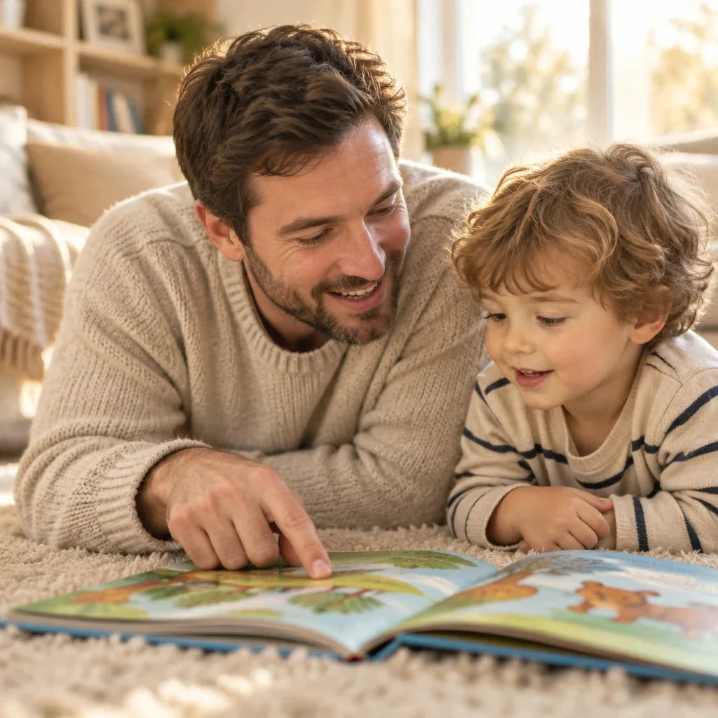 Parent and child exploring illustrated words together