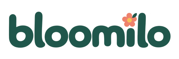 Bloomilo teal wordmark with coral blossom