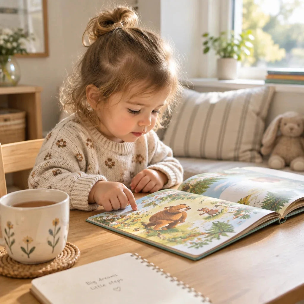 Child exploring a picture sound book at a table