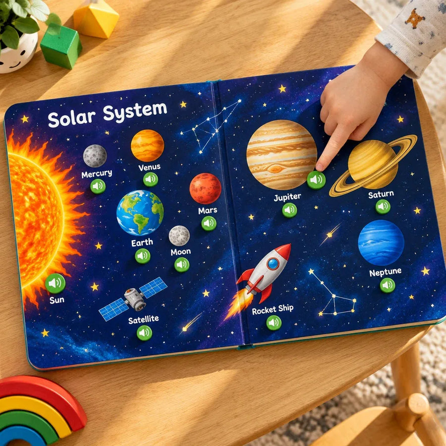A child touching a planet on the book's Solar System vocabulary pages